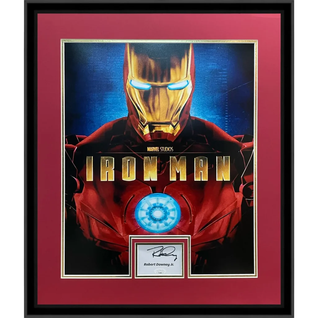 Autographed Iron Man poster with Downey Jr signature, framed 16x20