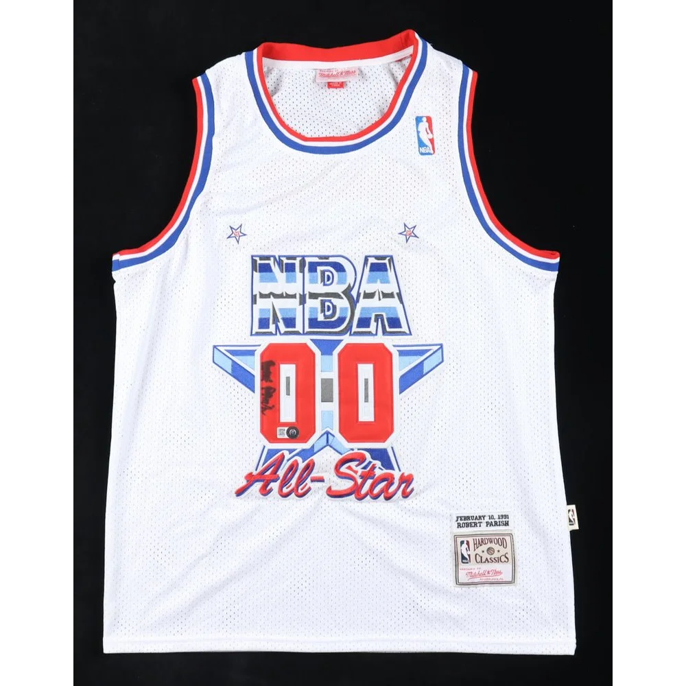 White mesh NBA All-Star jersey with red blue trim, Robert Parish signed jersey