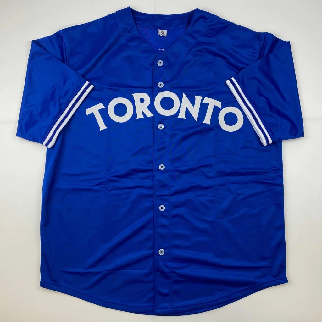 Blue short-sleeved Toronto baseball jersey with white buttons and stripes for custom sports jersey fans