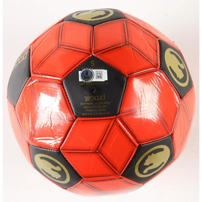 Red and black Roberto Carlos signed soccer ball with gold Panther logo design