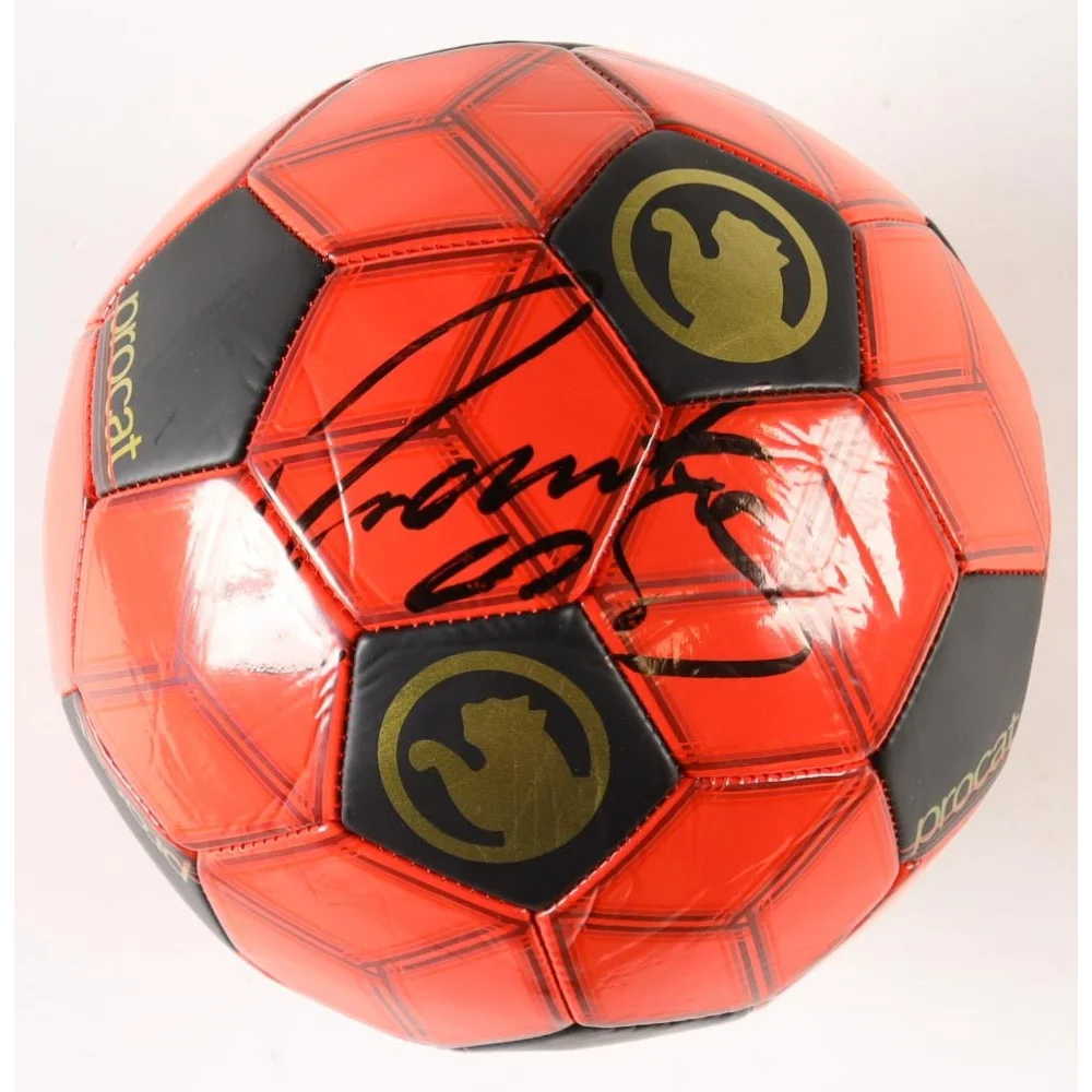 Roberto Carlos signed soccer ball with red and black design and gold panther logo