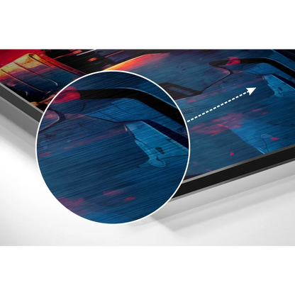 Sleek TV with cyberpunk art in vibrant blues and reds on brushed aluminium dibond