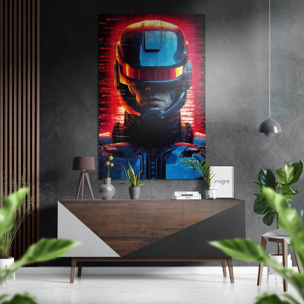 Vibrant red and blue robotic helmet on brushed aluminium dibond cyberpunk print