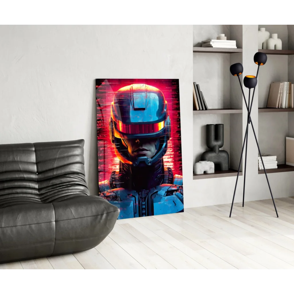Cyberpunk robot helmet glass wall art with glowing visor