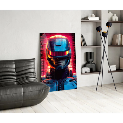 Cyberpunk robot helmet glass wall art with glowing visor