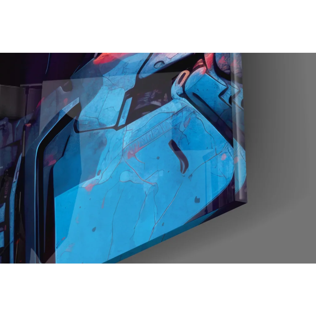 Sleek cyberpunk robot helmet glass wall art with glowing visor