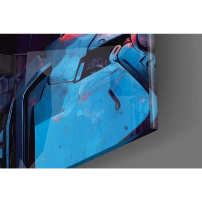 Sleek cyberpunk robot helmet glass wall art with glowing visor