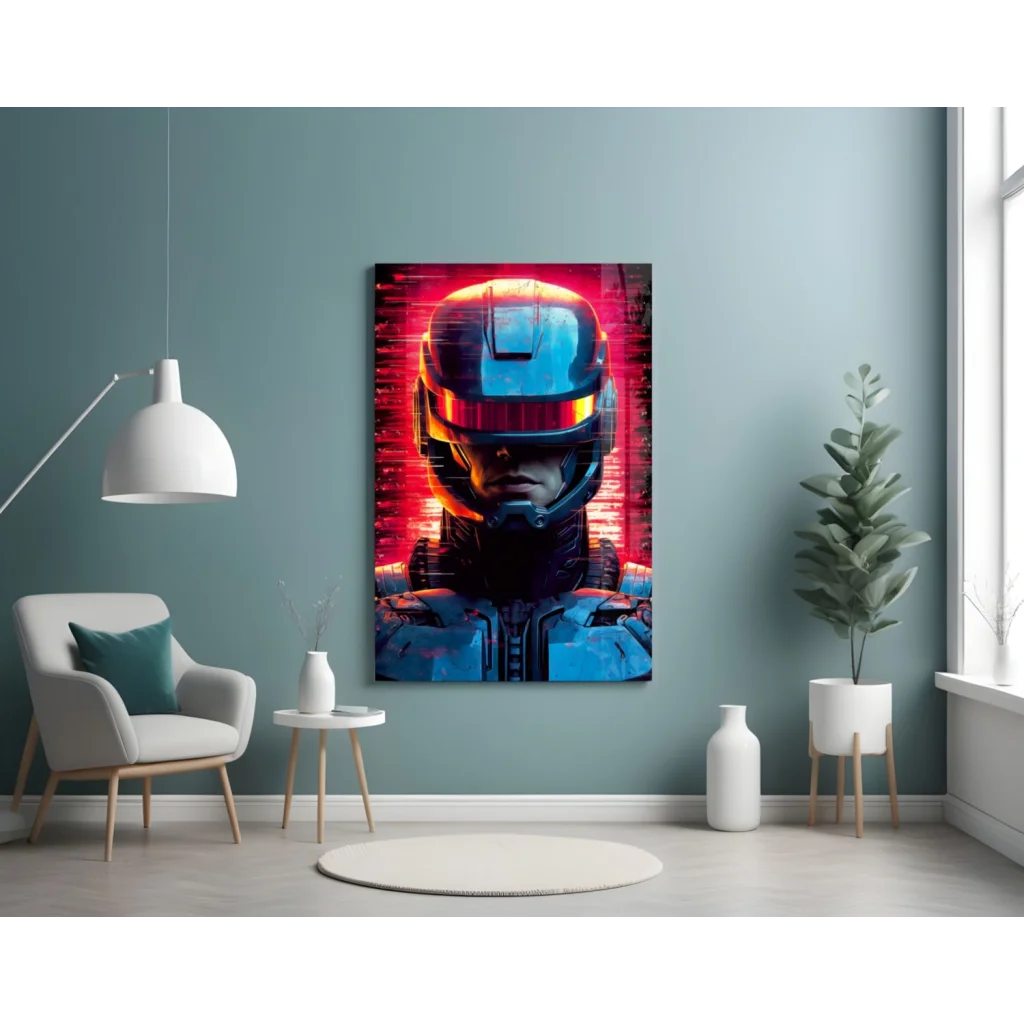 Cyberpunk Robot Helmet Glass Wall Art with Glowing Visor | Contemporary Home Wall Art | vintageantiquesgifts.com