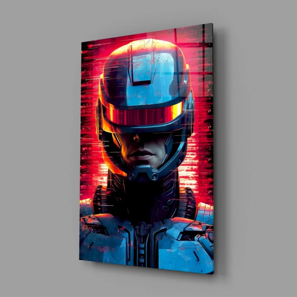 Cyberpunk Robot Helmet Glass Wall Art with Glowing Visor | Glass Wall Art Print | vintageantiquesgifts.com