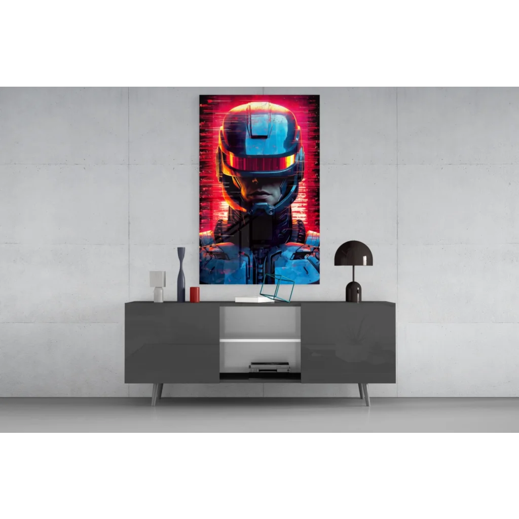 Cyberpunk robot helmet glass wall art with vibrant red blue glowing visor