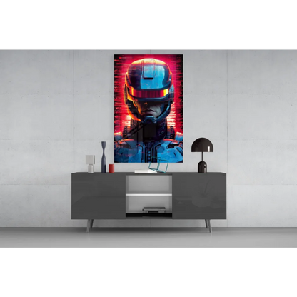 Cyberpunk robot helmet glass wall art with vibrant red blue glowing visor