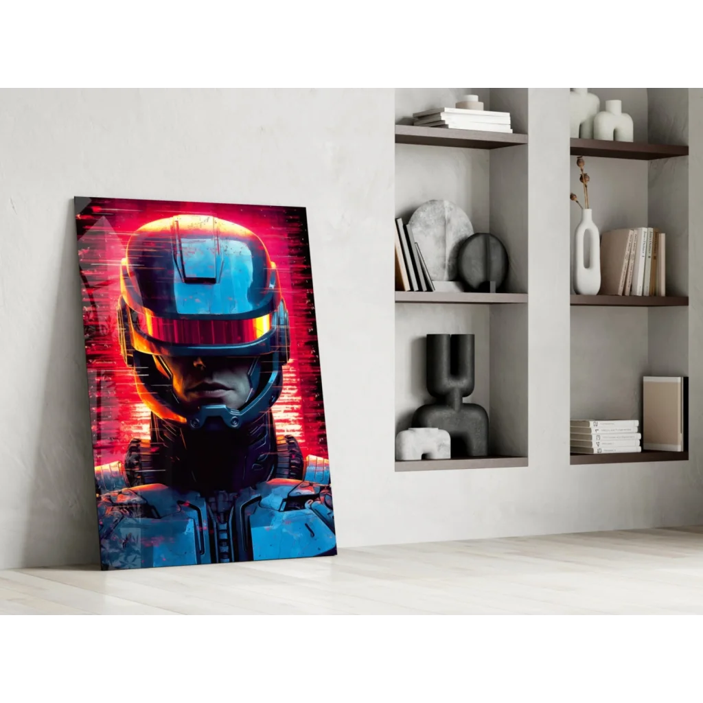 Cyberpunk robot helmet glass wall art with glowing orange visor
