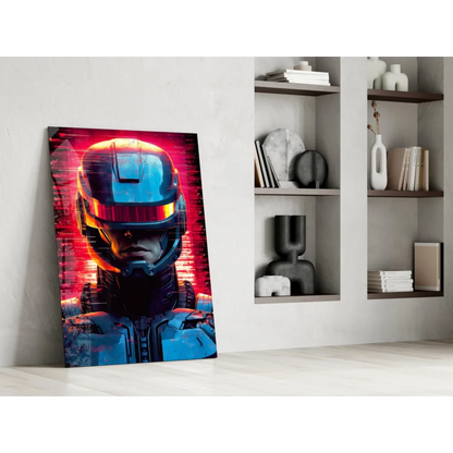 Cyberpunk robot helmet glass wall art with glowing orange visor