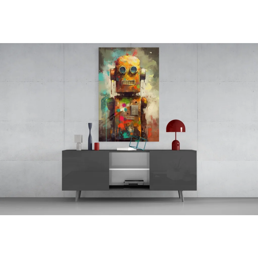 Vibrant rusty yellow robot with teal orange splashes wall art canvas print