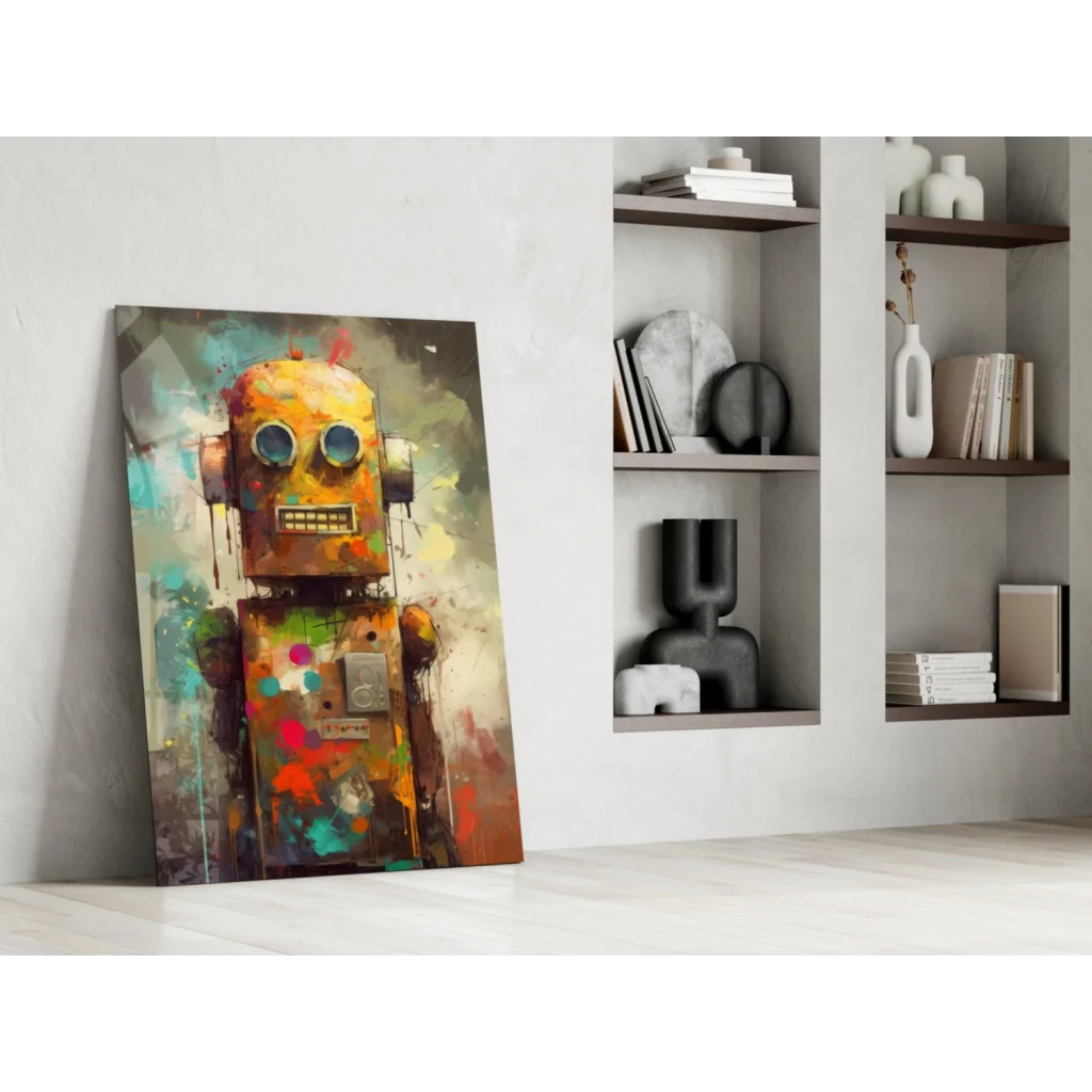 Vibrant retro robot splash wall art canvas print in yellow orange tones