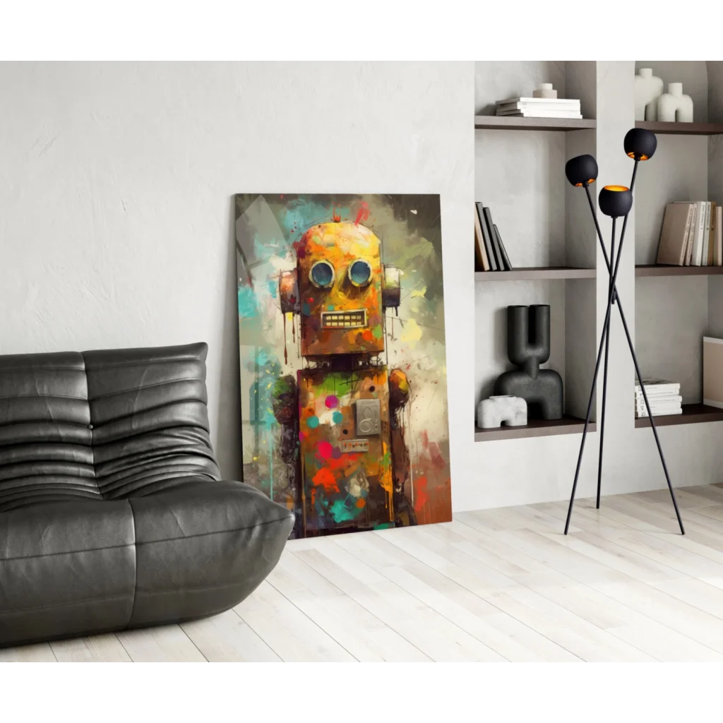 Vibrant colorful robot splash wall art canvas print with orange teal red