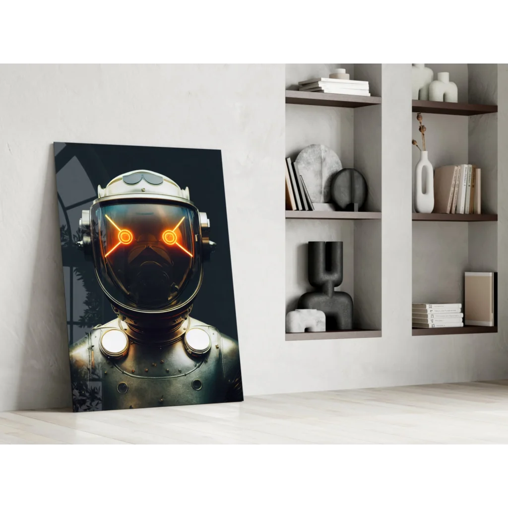 Futuristic robot helmet glass wall art with glowing orange eyes