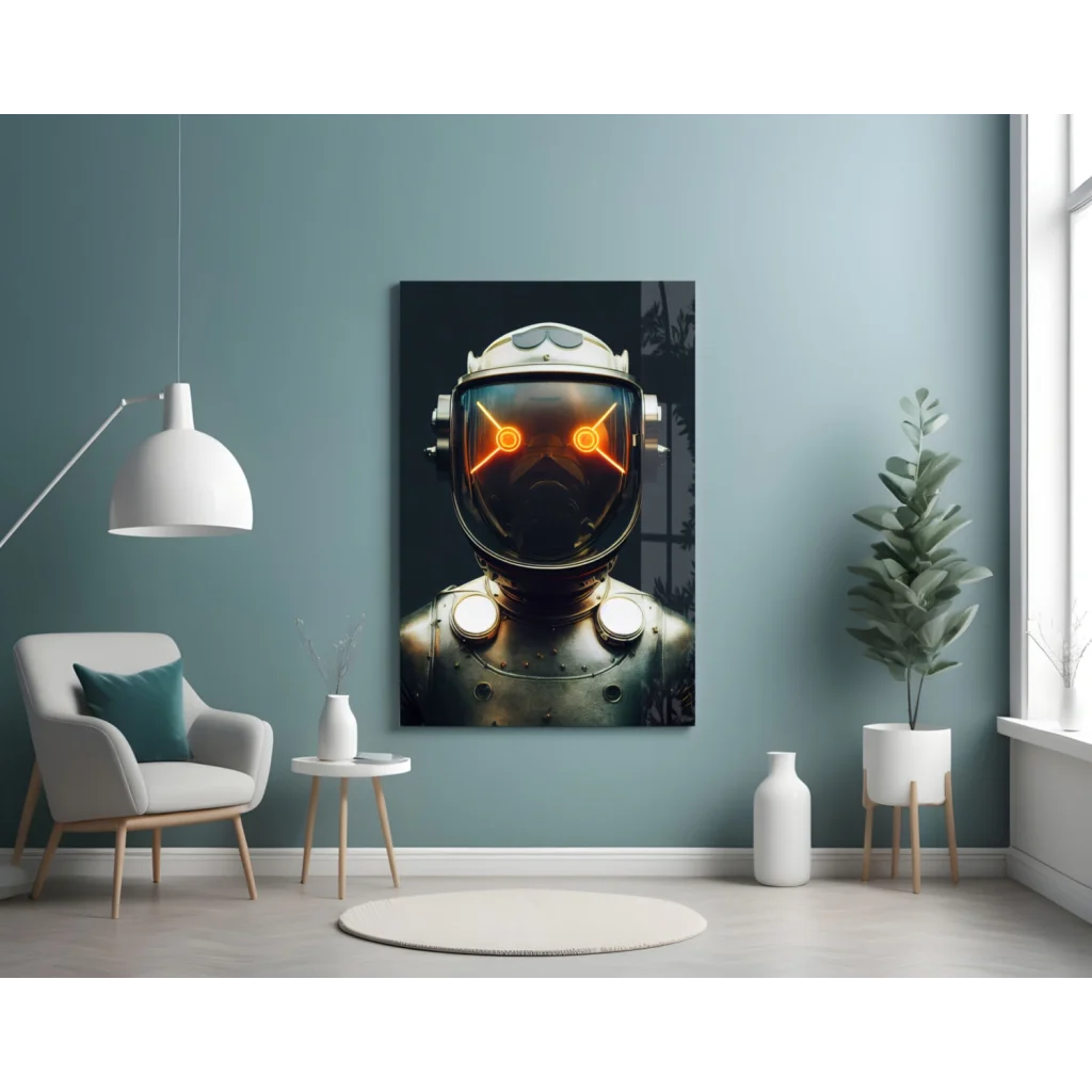 Futuristic robot helmet glass wall art with glowing orange eyes on teal wall