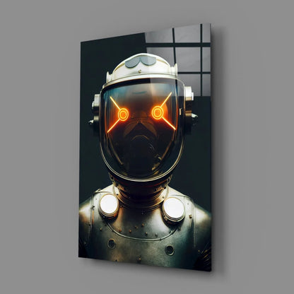 Sleek futuristic robot helmet glass wall art with glowing orange neon eyes