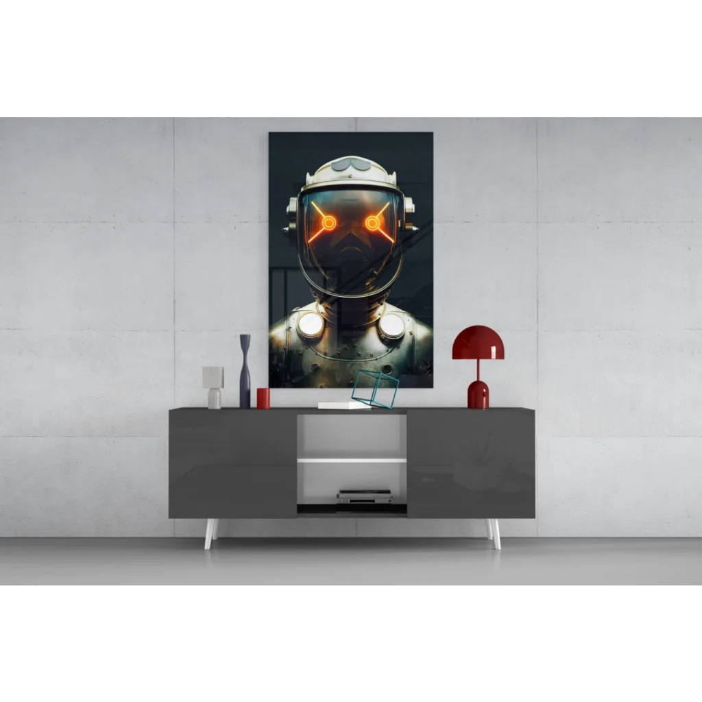 Futuristic robot helmet glass wall art with glowing orange eyes