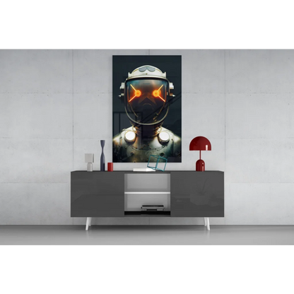 Futuristic robot helmet glass wall art with glowing orange eyes