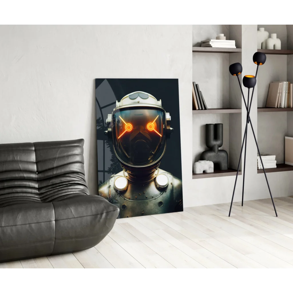 Futuristic astronaut glass wall art with glowing orange eyes