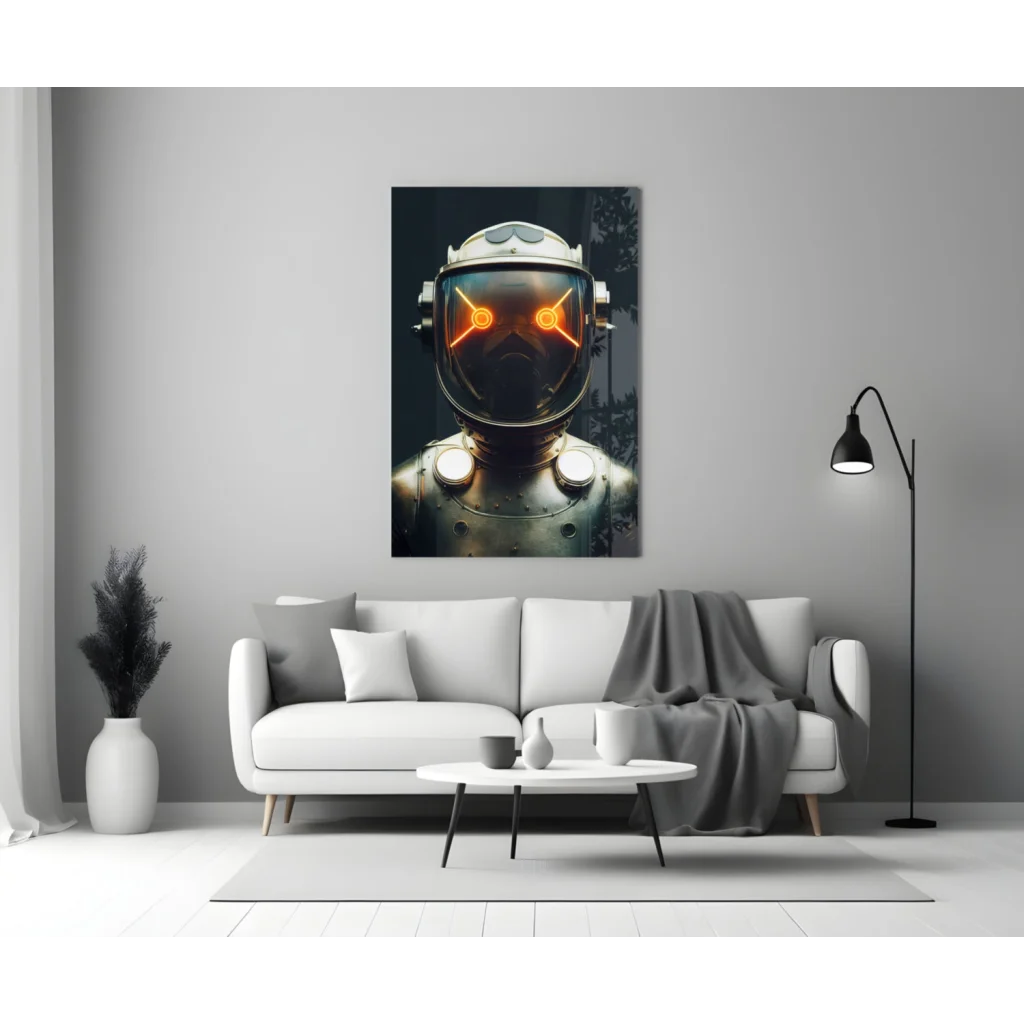 Sleek futuristic robot helmet glass wall art with glowing orange eyes