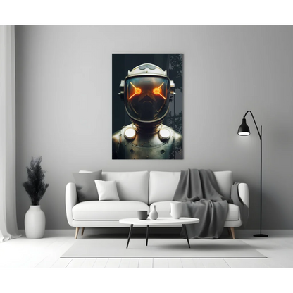 Sleek futuristic robot helmet glass wall art with glowing orange eyes
