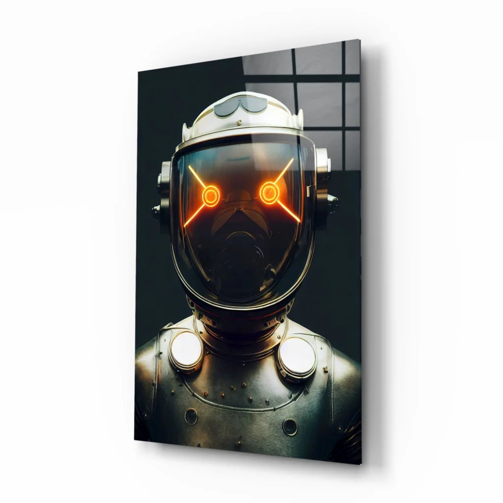 Sleek futuristic robot helmet glass wall art with glowing orange neon eyes
