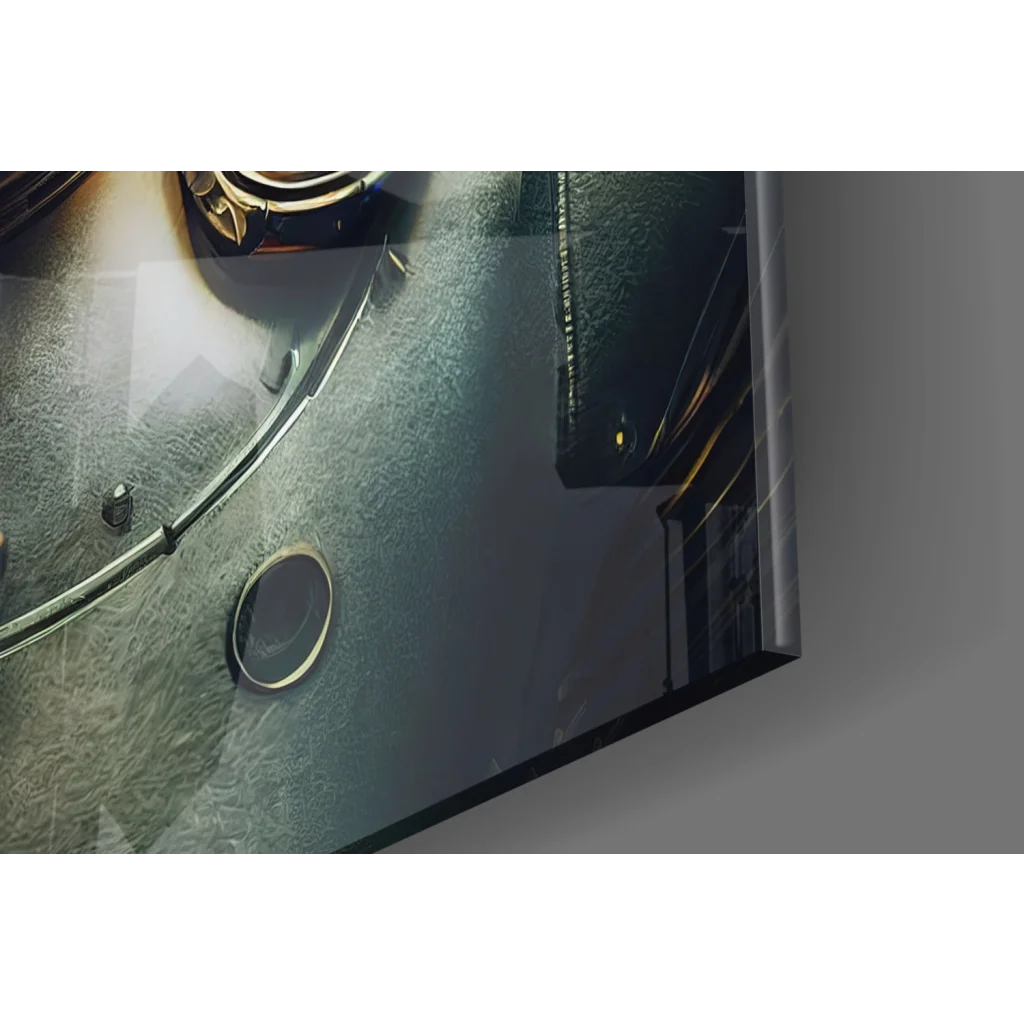 Futuristic robot helmet glass wall art with glowing orange eyes