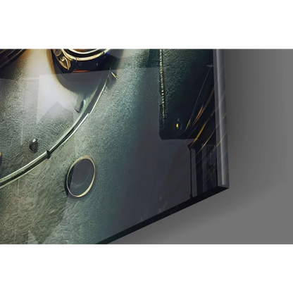 Futuristic robot helmet glass wall art with glowing orange eyes