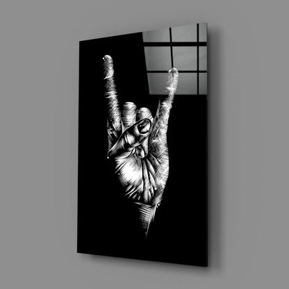 Bold black and white rock on hand gesture glass wall art print