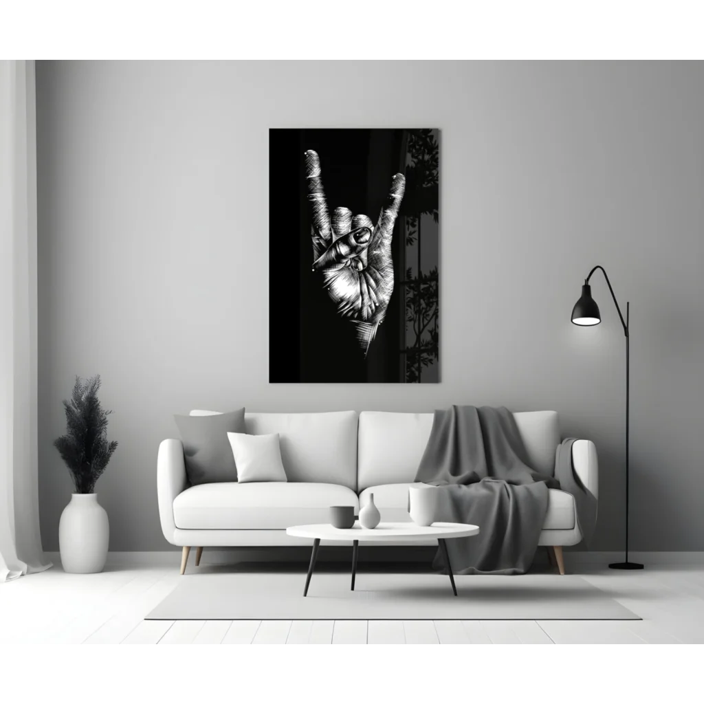 Bold black and white rock on hand gesture glass wall art