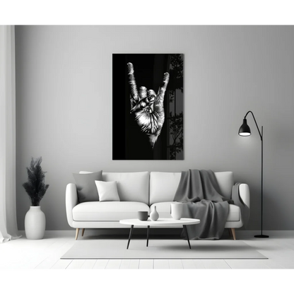 Bold black and white rock on hand gesture glass wall art