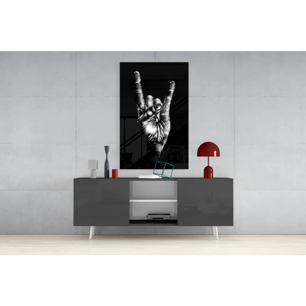 Bold black and white rock hand gesture glass wall art with skull design