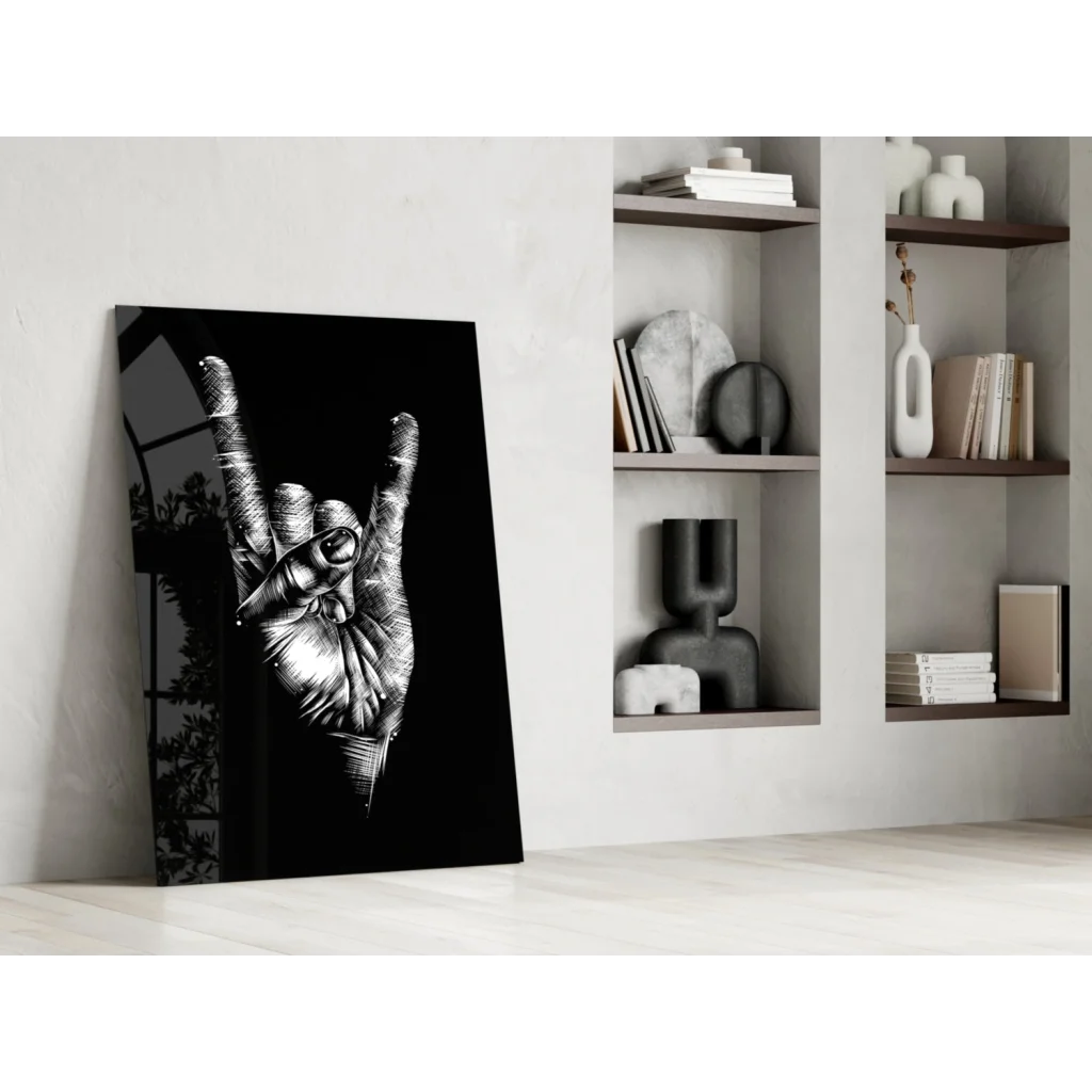 Bold black and white rock on hand gesture glass wall art print