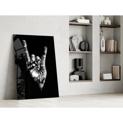 Bold black and white rock on hand gesture glass wall art print