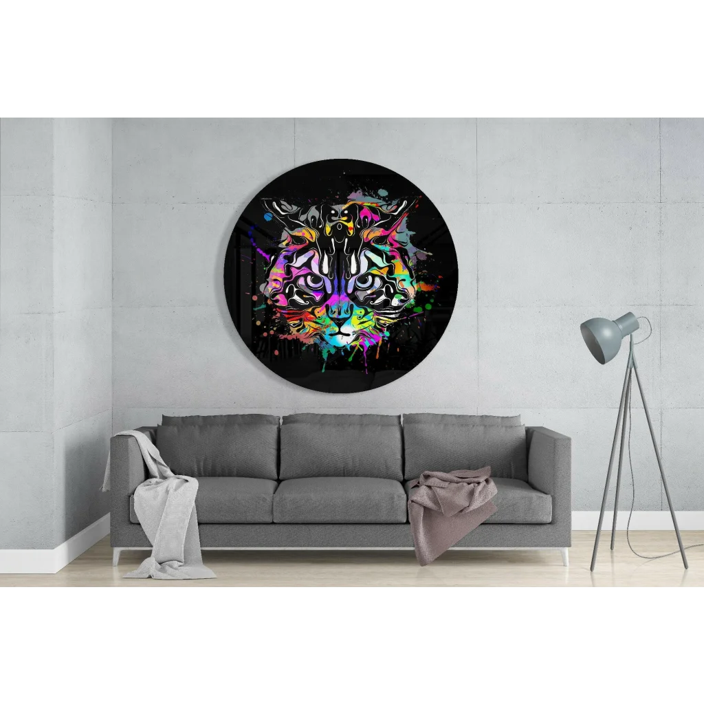 Vibrant tempered glass art clock with fierce tiger face on black canvas