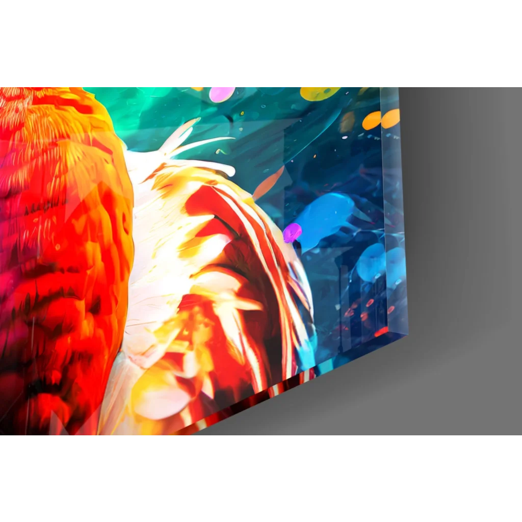 Vibrant neon flamingo glass wall art with fiery orange bird, sunglasses, rainbow feathers, and glowing blue fish underwater