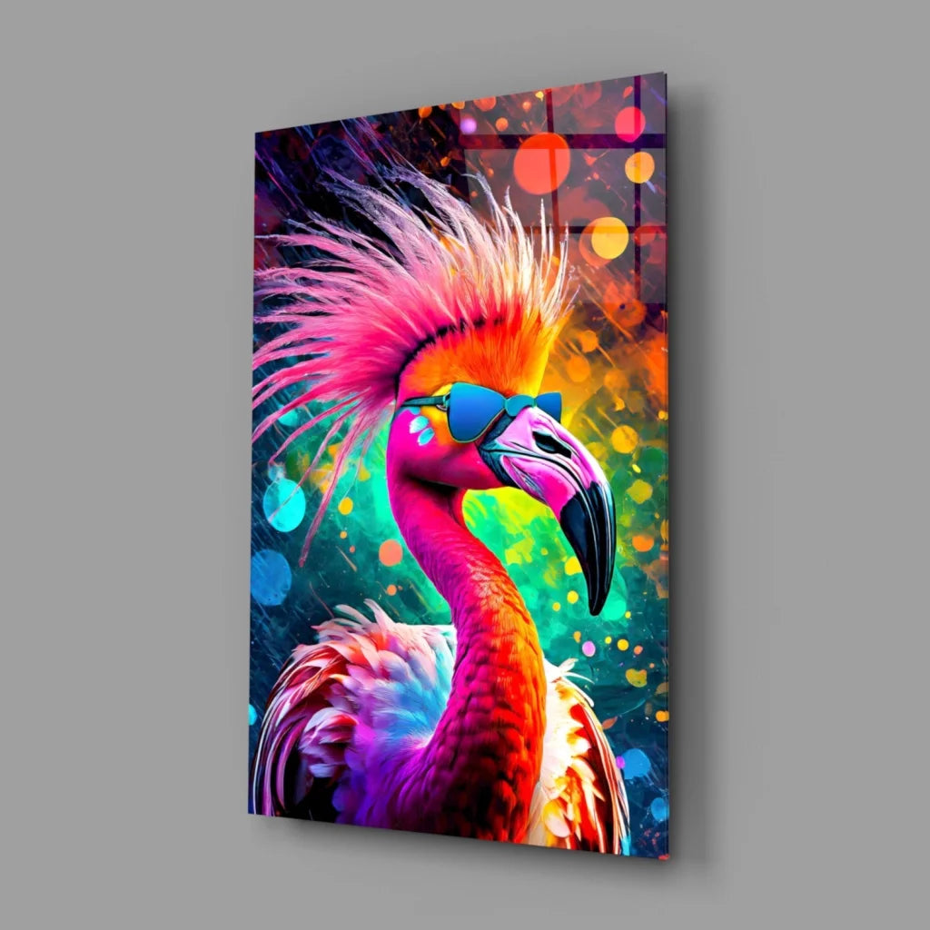 Vibrant neon flamingo glass wall art with sunglasses and rainbow feathers