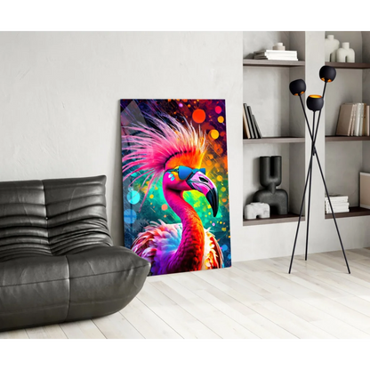 Vibrant neon flamingo glass wall art with pink feathers, sunglasses, rainbow gradient