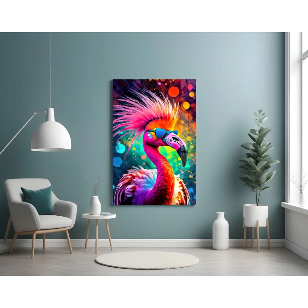 Vibrant neon flamingo glass wall art with sunglasses and rainbow feathers