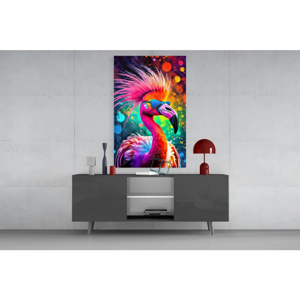 Vibrant neon flamingo glass wall art with rainbow feathers and bold sunglasses