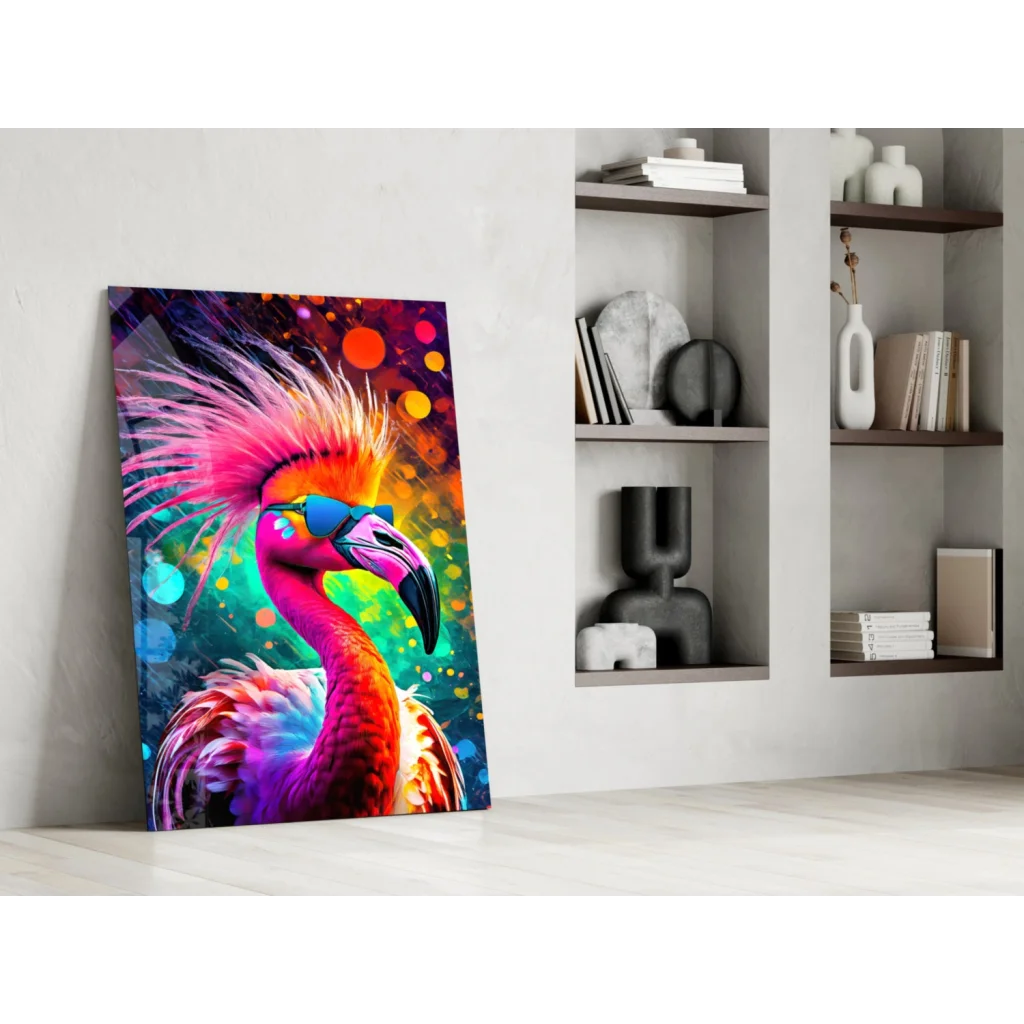 Vibrant neon flamingo glass wall art with pink feathers, sunglasses, rainbow background