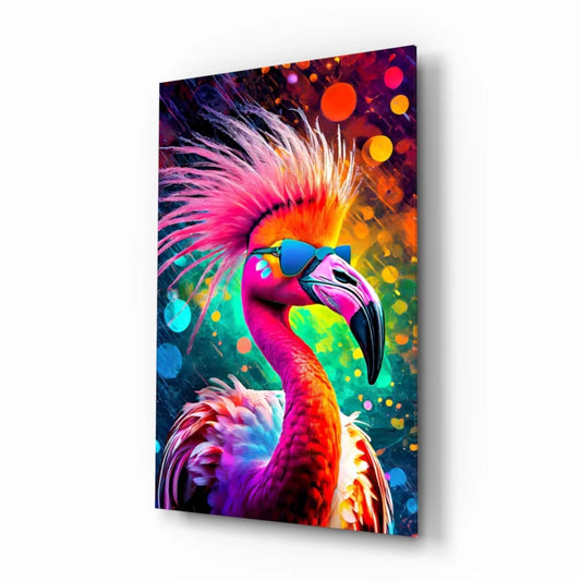 Vibrant neon flamingo glass wall art with rainbow feathers and sunglasses