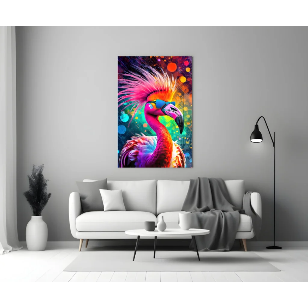 Vibrant neon flamingo glass wall art with pink purple feathers and blue sunglasses