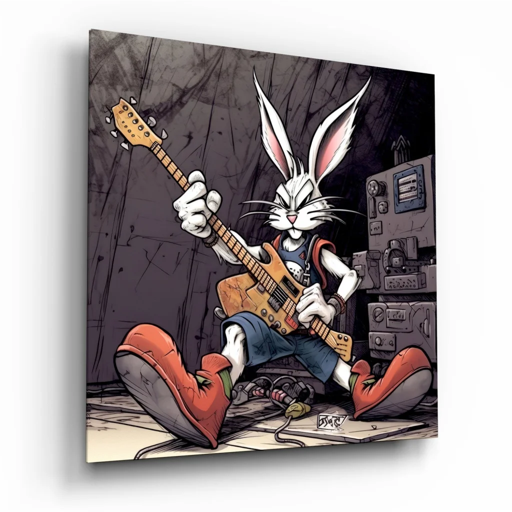 Cartoon rabbit rocking orange guitar on tempered glass art panel