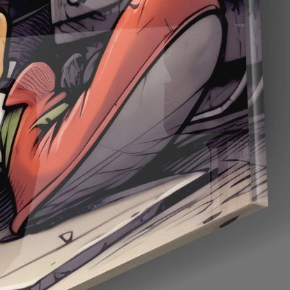 Rocking Rabbit tempered glass art panel with vibrant orange skin character