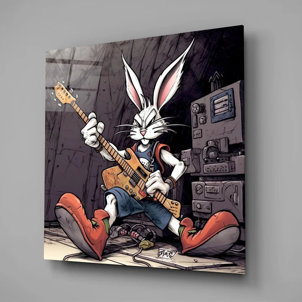 Rocking Rabbit tempered glass art with cartoon bunny jamming on bass