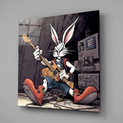 Rocking Rabbit tempered glass art with cartoon bunny jamming on bass